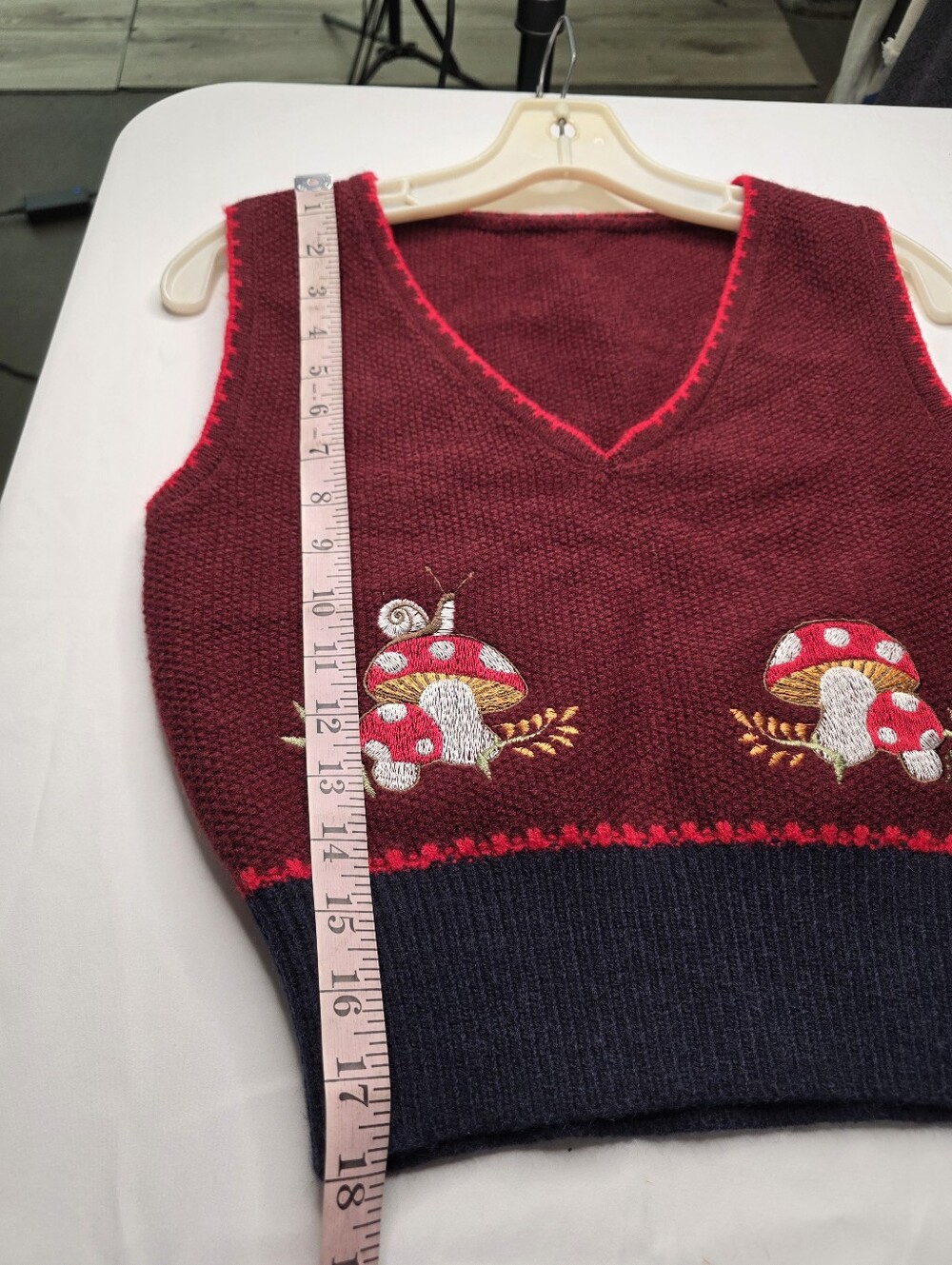 Cider Mushroom Snail Embroidered Knit Sweater Vest Burgundy Navy Small Cottageco - Picture 7 of 9